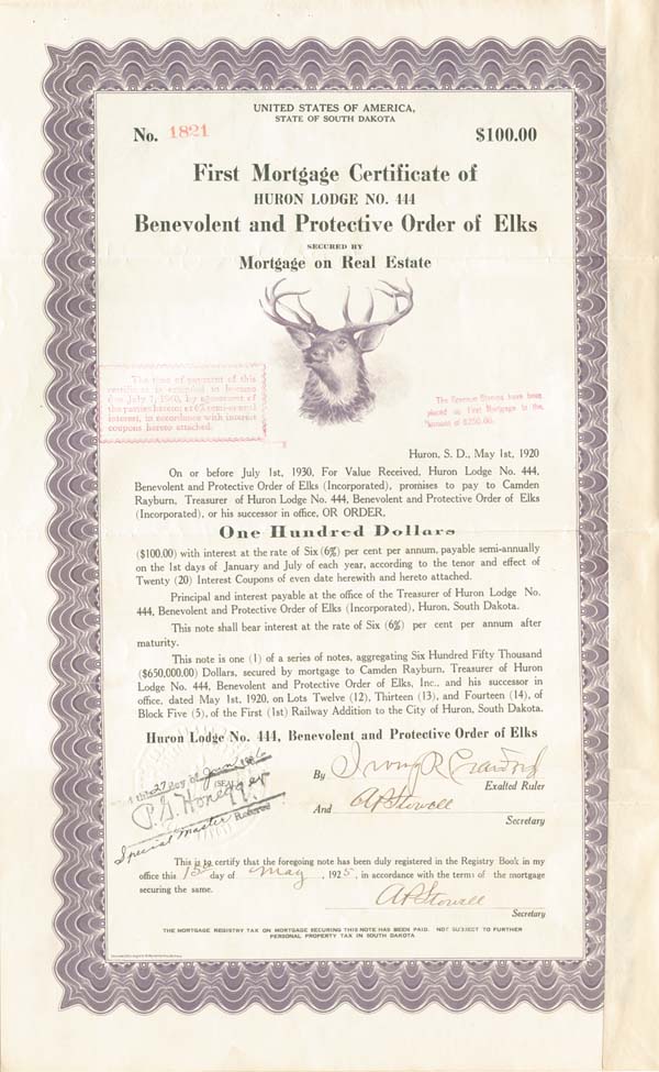 First Mortgage Certificate of Huron Lodge No. 444 Benevolent and Protective Order of Elks